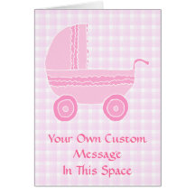 Baby Stroller. Light Pink on Pink Gingham. Greeting Cards