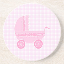 Baby Stroller. Light Pink on Pink Gingham. Coasters