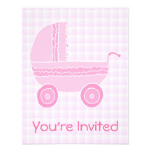 Baby Stroller. Light Pink on Pink Gingham. Personalized Announcements