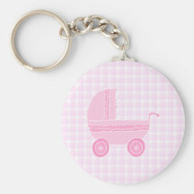 Baby Stroller. Light Pink on Pink Gingham. Key Chain
