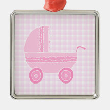 Baby Stroller. Light Pink on Pink Gingham. Christmas Ornaments