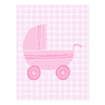 Baby Stroller. Light Pink on Pink Gingham. Postcards