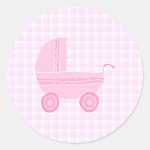 Baby Stroller. Light Pink on Pink Gingham. Stickers