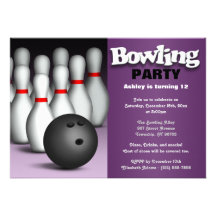 Ball & Pins Purple Bowling Birthday Party Custom Invites