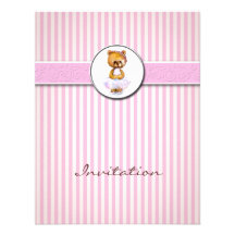 Ballerina Bear Pink Candy Stripe Invitation