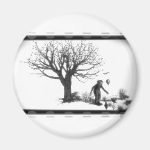 Balloon Clown & Ravens By Creepy Tree - B&W Refrigerator Magnet