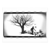 Balloon Clown & Ravens By Creepy Tree - B&W Post Cards