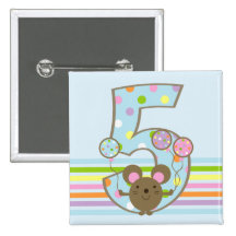 Balloon Mouse Blue 5th Birthday Button