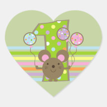 Balloon Mouse Green 1st Birthday Heart Stickers
