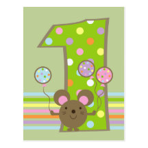 Balloon Mouse Green 1st Birthday Postcard