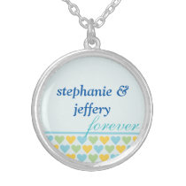 Bands of hearts blue couple names forever love necklaces