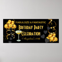 Banner Birthday Party Celebration Black Gold Print
