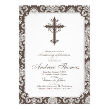 Baptism - Brown Damask Personalized Invites