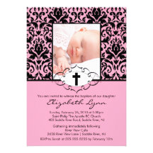 Baptism Christening Invitations Photo Damask Pink