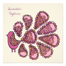 Baptism Christening Pink Peacock Invite Invitation
