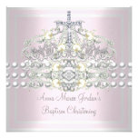 Baptism Pink Tiara Silver White Pearl Diamond Personalised Invitations