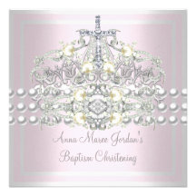 Baptism Pink Tiara Silver White Pearl Diamond Personalised Invitations