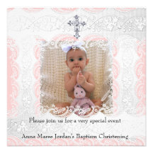 Baptism Pink White Lace Photo Jewel Cross Personalised Announcements