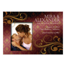 Barbizon Damask Scroll - dk rose|gold Wedding Custom Invites