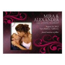Barbizon Damask Scroll - eggplant|magenta Wedding Custom Invitations