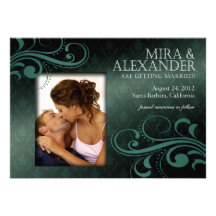 Barbizon Damask Scroll - jade|aqua Wedding Invitations