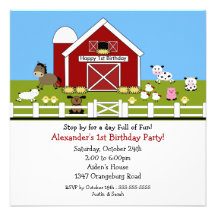 Barn Animals Fun 1st Birthday Custom Invitations
