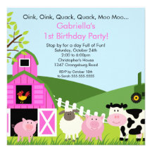 Barnyard Animal Fun Birthday Party Pink Girls Personalised Announcement