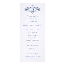 Baroque frame monogram navy blue wedding program invites