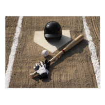 Baseball, bat, batting gloves and baseball post cards