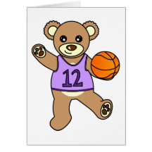 Basketball Teddy Bear Girl - Purple Greeting Cards