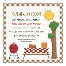 BBQ cookout family reunion, brown gingham border Invitations
