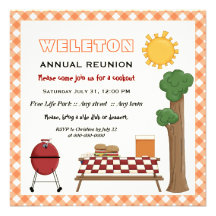 BBQ cookout family reunion, orange gingham border Personalized Invite