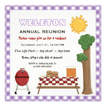BBQ cookout family reunion, purple gingham border Personalized Invite