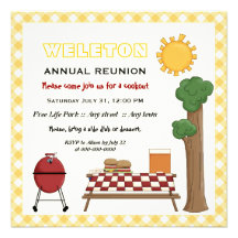 BBQ cookout family reunion, yellow gingham border Personalized Announcement