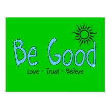 be good logo light blue w/ green back postcard