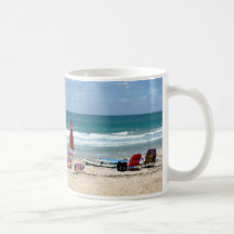 beach chairs surfboards umbrellas sand ocean sm mug