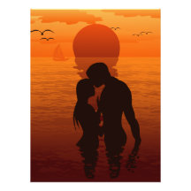 Beach Love Romance Silhouette Couple In The Sea Photographic Print