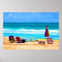 beach scene painterly chairs surfboards umbrellas print