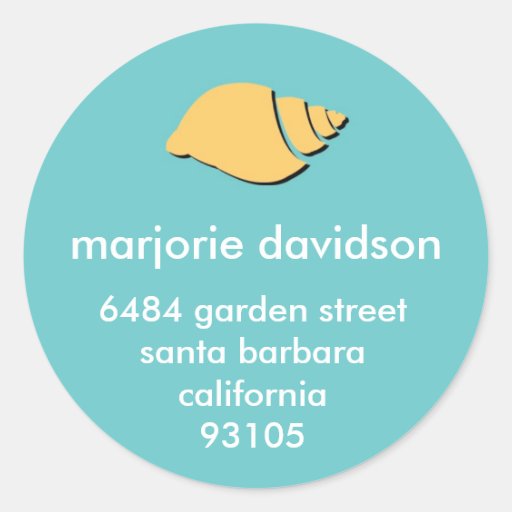 Beach seashell address labels yellow blue round stickers