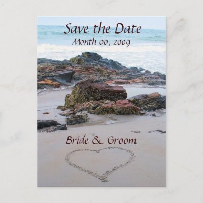 Save the Date postcards with a heart drawn in the sand Easy to use template