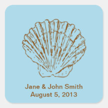 Beach Wedding Favour Stickers: Brown Shell on Blue