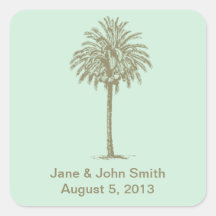 Beach Wedding Favour Stickers: Taupe Palm on Aqua