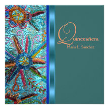 Beaded Turquoise Blue Orange Quinceanera Custom Announcement