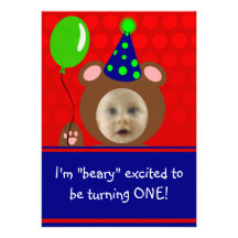 Beary Excited Bear Face Photo Birthday Party Personalized Announcement