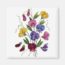 Beautiful, Colourful, Embroidered Sweet Peas Fridge Magnet