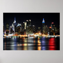 Beautiful New York Night Lights Reflecting River Posters