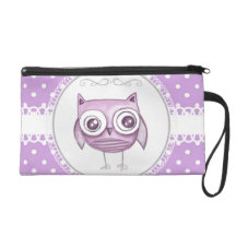 Beautiful Owl with Pastel Polka Dots Lavender Wristlet
