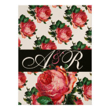 BEAUTIFUL PINK ROSE FLORAL MONOGRAM CUSTOM INVITATIONS