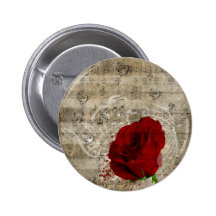 Beautiful red rose music notes swirl faded piano pinback button