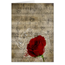 Beautiful red rose music notes swirl faded piano greeting cards